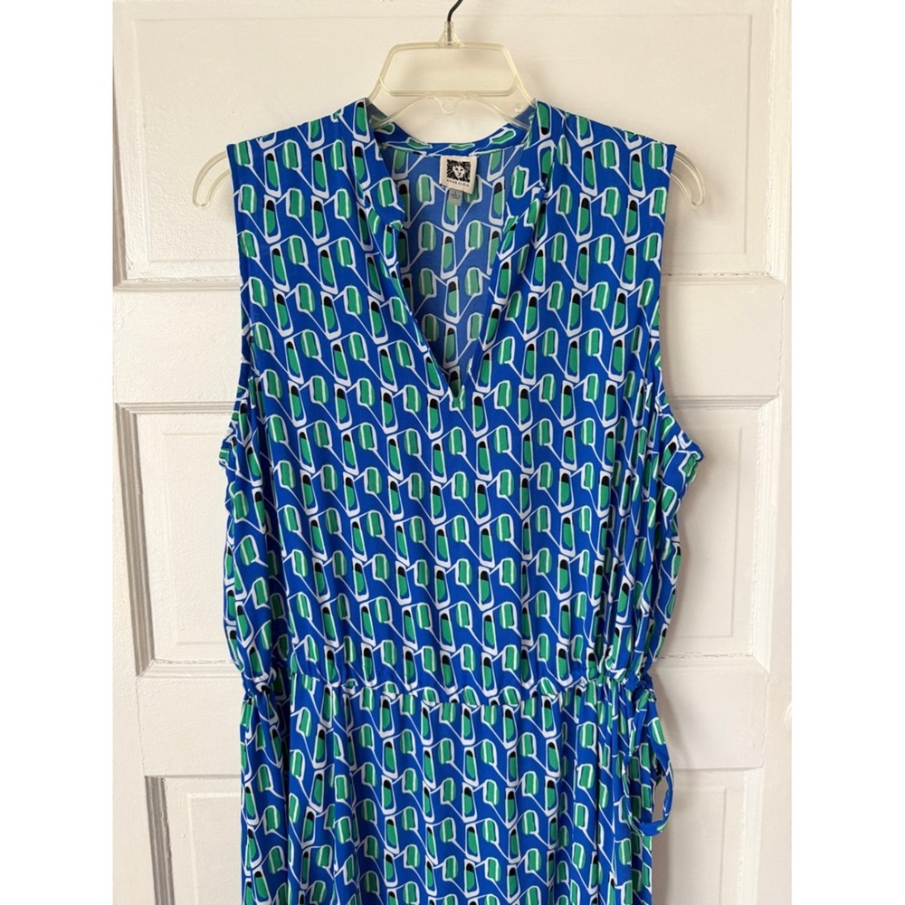 Anne Klein Blue & Green Geometric Sleeveless Maxi Dress Cinched Waist Office Lg - Picture 7 of 17